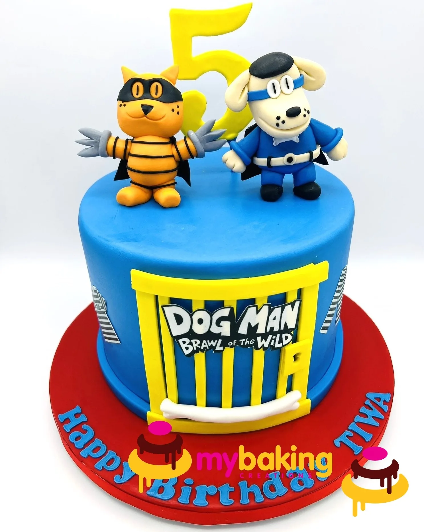 Custom Dog Man themed birthday cake with character toppers Bay Area